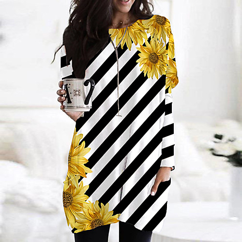 

Women's T Shirt Dress Tee Dress Short Mini Dress White Black Yellow Orange Beige Long Sleeve Floral Print Color Block Print Fall Spring Round Neck Casual 2021 S M L XL XXL 3XL