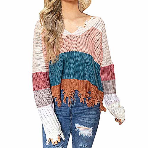 

Women's Contrast Color V-Neck Jumper Color Collision Sleeve Head Easy Big Code Pullover and Sweater Blue