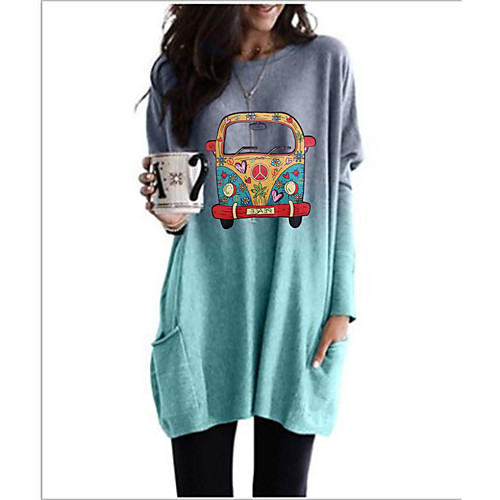 

Women's Christmas T shirt Color Gradient Cartoon Long Sleeve Patchwork Print Round Neck Tops Christmas Basic Top Blue Gray