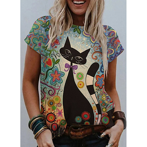 

Women's T shirt Cat Graphic Print Round Neck Tops Basic Basic Top Green