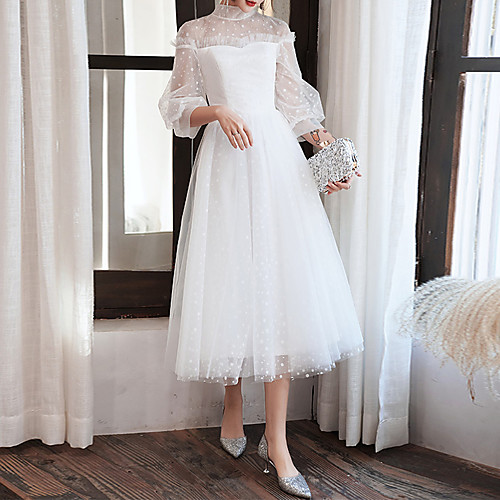 

A-Line Empire Minimalist Homecoming Cocktail Party Dress High Neck Half Sleeve Tea Length Tulle with Pleats 2021