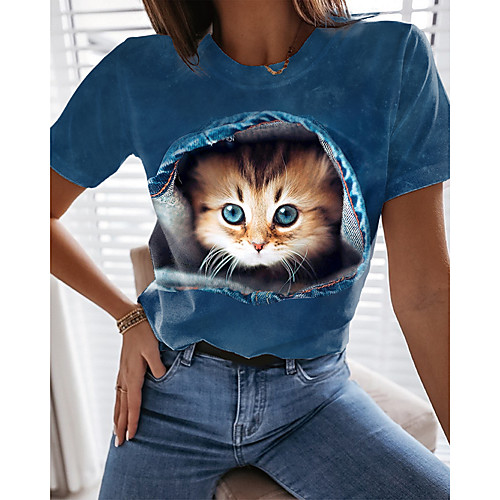 

Women's 3D Cat T shirt Cat Graphic 3D Print Round Neck Basic Tops Blue Black Light Blue