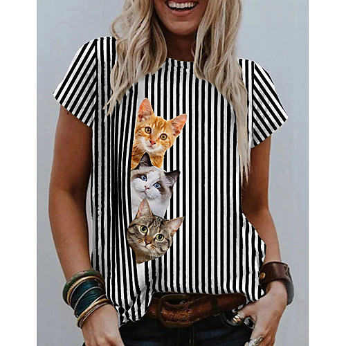 

Women's T shirt Striped Cat Graphic Print Round Neck Tops Basic Basic Top Black