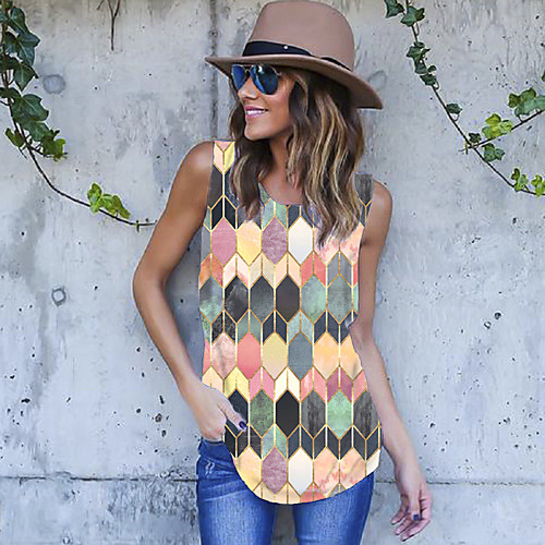 

Women's Tank Top Color Block Print Round Neck Tops Basic Basic Top Blue Purple Red