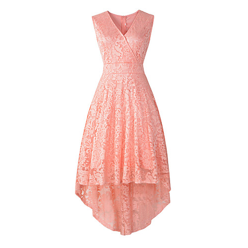 

A-Line Elegant Vintage Party Wear Cocktail Party Dress V Neck Sleeveless Asymmetrical Lace with Pleats Tier 2021