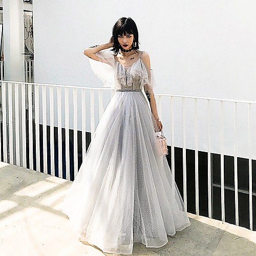 

A-Line Sparkle Sexy Prom Formal Evening Dress Spaghetti Strap Short Sleeve Floor Length Tulle with Pleats Ruffles Tassel 2021