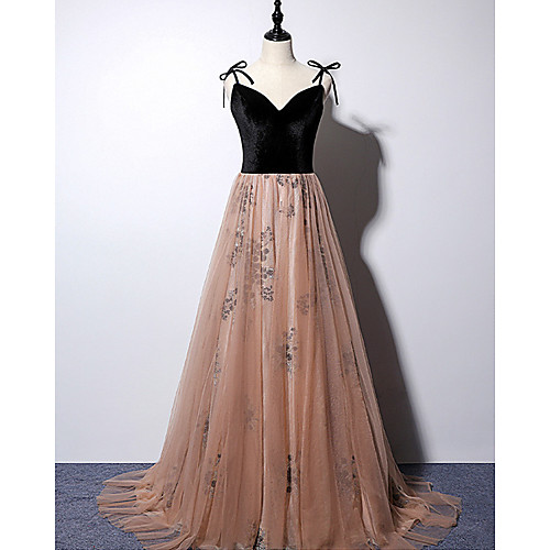 

A-Line Beautiful Back Floral Prom Formal Evening Dress Spaghetti Strap Sleeveless Sweep / Brush Train Tulle with Pleats Pattern / Print 2021