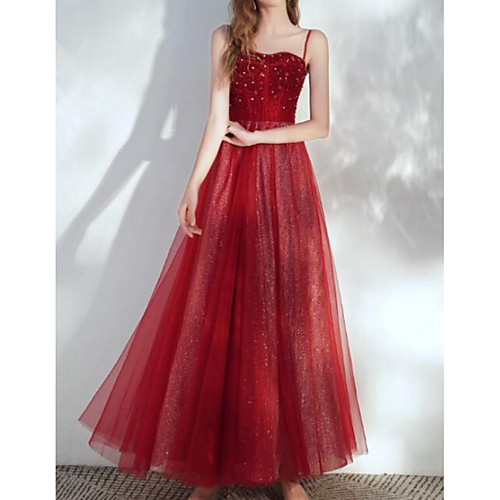 

A-Line Sparkle Sexy Engagement Prom Dress Spaghetti Strap Sleeveless Floor Length Tulle with Pleats Beading 2021