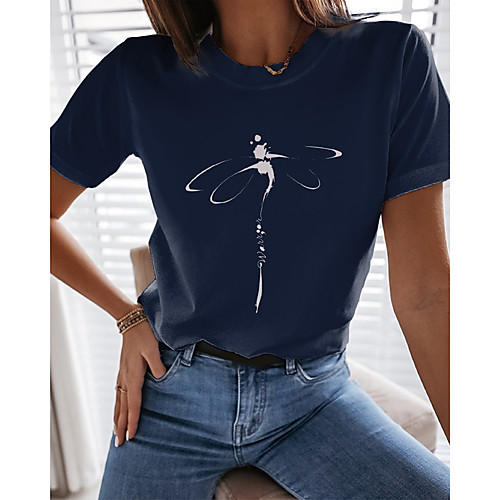 

Women's T shirt Graphic Print Round Neck Tops Basic Basic Top Blushing Pink Navy Blue