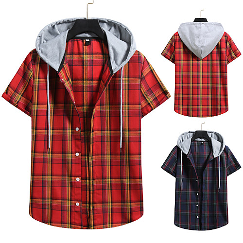 

Men's Shirt non-printing Lattice Color Block Plus Size Drawstring Short Sleeve Daily Tops Vintage Streetwear Red Navy Blue