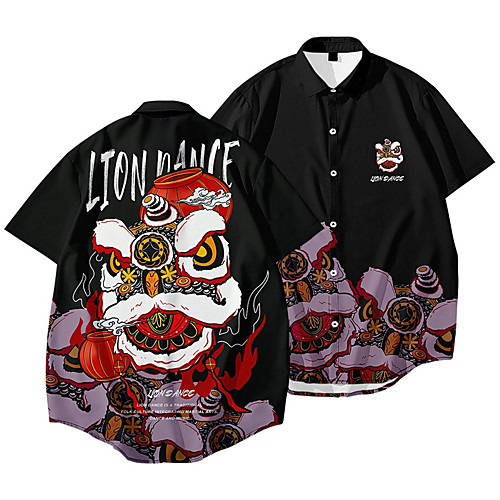 

Men's Shirt 3D Print Animal Button-Down 3D Print Short Sleeve Daily Tops Chinese Style Fashion Black / Red White Black