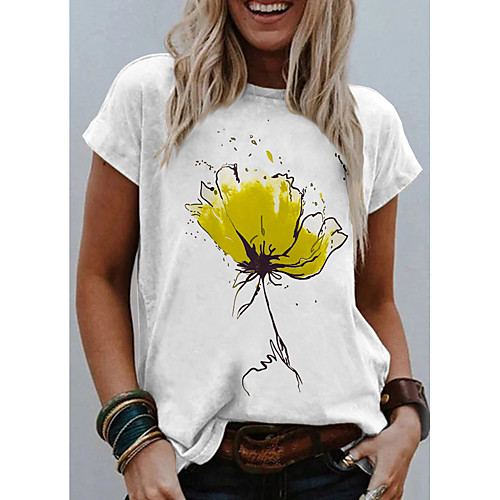 

Women's T shirt Graphic Flower Print Round Neck Tops Basic Basic Top White Blue Red