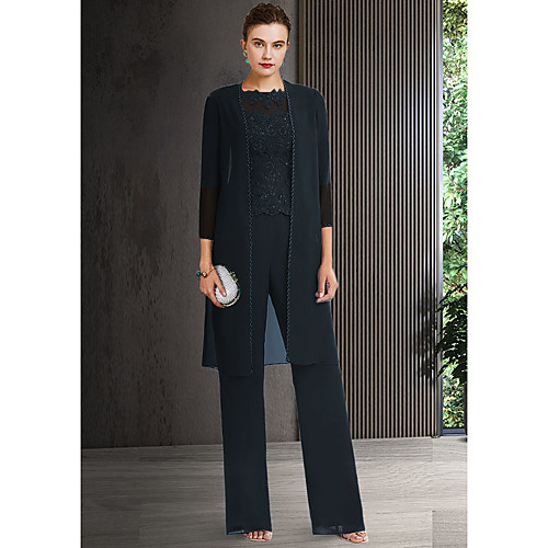 

Pantsuit / Jumpsuit Mother of the Bride Dress Elegant Jewel Neck Ankle Length Chiffon Lace 3/4 Length Sleeve with Appliques 2021