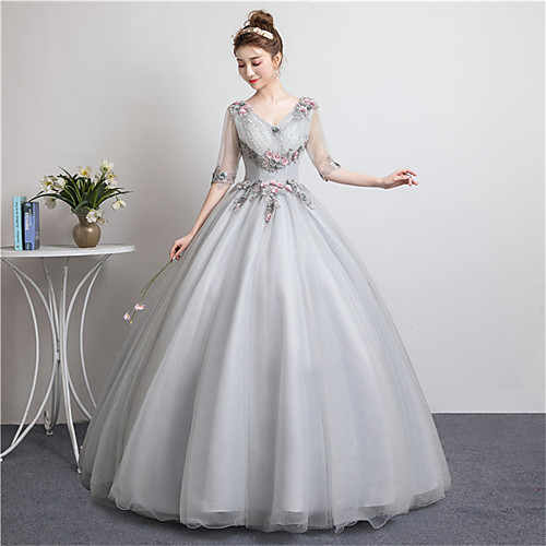 

Ball Gown Elegant Floral Quinceanera Prom Dress V Neck Half Sleeve Floor Length Tulle with Sequin Appliques 2021