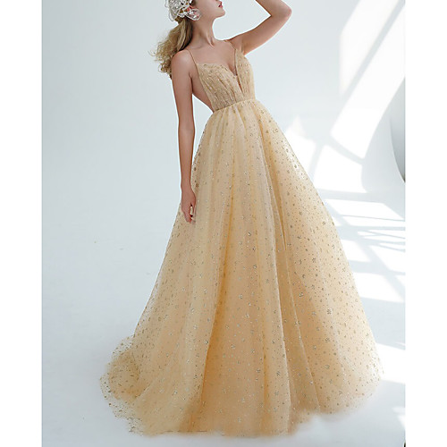 

A-Line Maxi Empire Holiday Formal Evening Dress Spaghetti Strap Sleeveless Floor Length Tulle with Pleats 2021