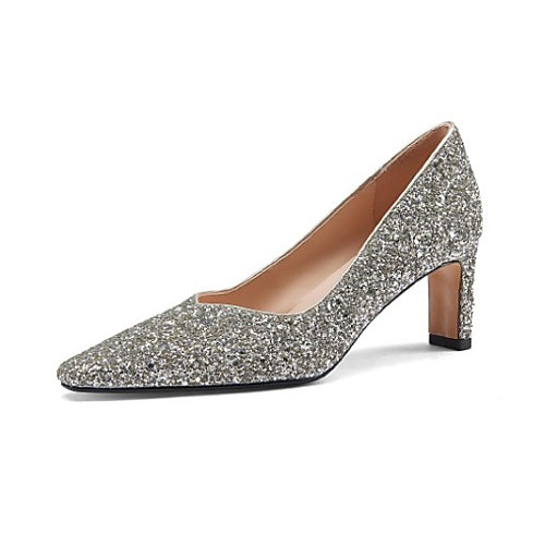 

Women's Wedding Shoes Chunky Heel Square Toe Wedding Pumps Wedding Daily Nappa Leather Almond White Silver