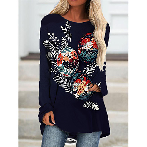 

Women's T Shirt Dress Tee Dress Short Mini Dress Navy Blue Long Sleeve Floral Color Block Animal Print Fall Spring Round Neck Casual 2021 S M L XL XXL 3XL