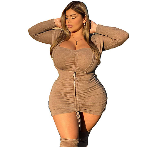 

Women's Plus Size Dresses Sheath Dress Short Mini Dress Long Sleeve Solid Color Sexy All Seasons Light Yellow L XL XXL 3XL 4XL / Skinny