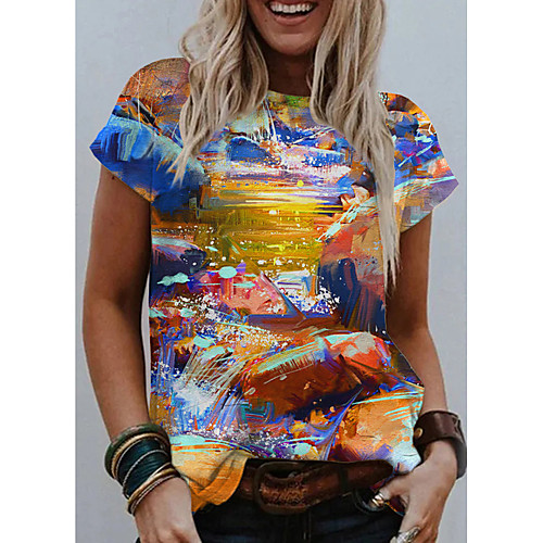 

Women's T shirt Graphic Print Round Neck Tops Basic Basic Top Rainbow