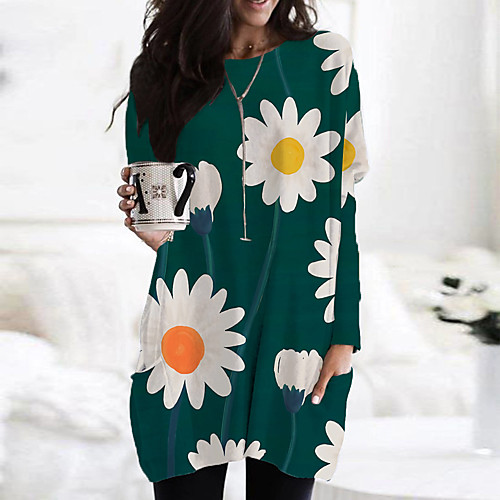 

Women's T Shirt Dress Tee Dress Short Mini Dress Black Red Yellow Green Beige Long Sleeve Floral Print Color Block Print Fall Spring Round Neck Casual 2021 S M L XL XXL 3XL