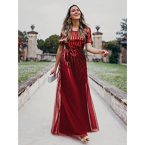 

Women's A Line Dress Maxi long Dress Red Short Sleeve Solid Color Sequins Fall Spring Round Neck Elegant Formal 2021 S M L XL XXL 3XL 4XL