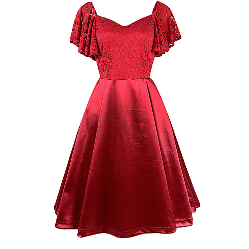 

A-Line Elegant Vintage Party Wear Cocktail Party Dress V Neck Short Sleeve Knee Length Nylon Lace with Ruffles 2021