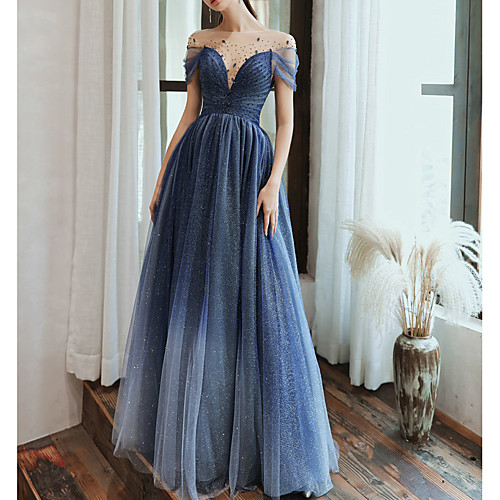 

Sheath / Column Minimalist Sparkle Wedding Guest Formal Evening Dress Jewel Neck Short Sleeve Floor Length Tulle Sequined with Pleats Sequin 2021