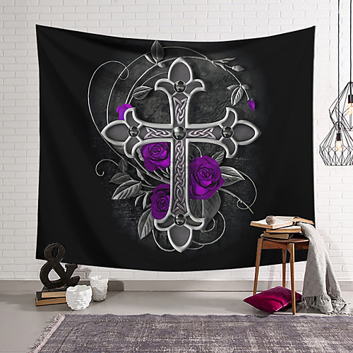 

Wall Tapestry Art Decor Blanket Curtain Hanging Home Bedroom Living Room Decoration Polyester Cross Badge Purple Rose Background