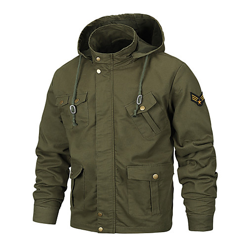 

Men's Military Jacket with Removable Hood Zipper Multi Pockets Windbreaker Jacket Casual Outdoor Coat (M, Army Green)