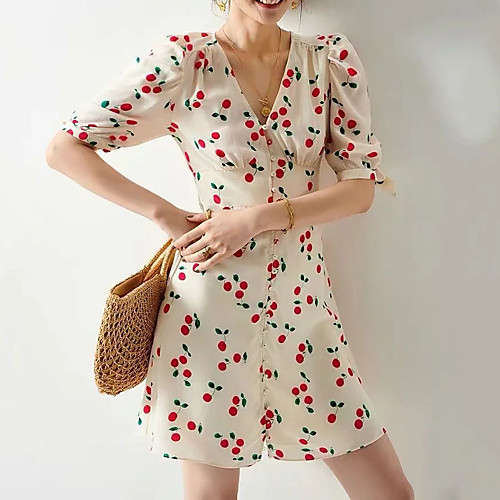 

A-Line Floral Boho Homecoming Cocktail Party Dress V Neck Half Sleeve Short / Mini Chiffon with Pattern / Print 2021