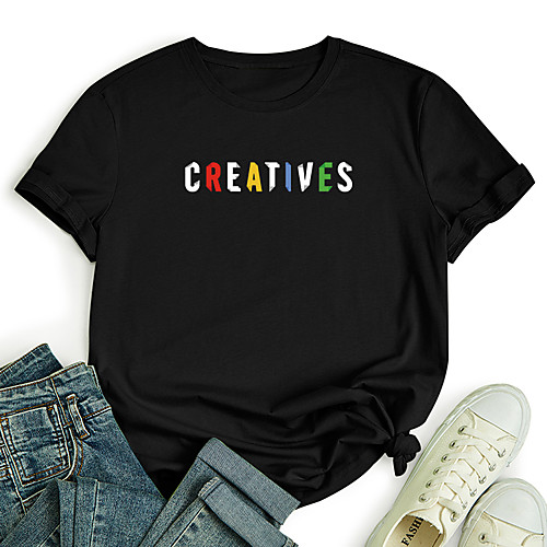 

Women's T shirt Letter Print Round Neck Tops 100% Cotton Basic Basic Top Black Red Yellow