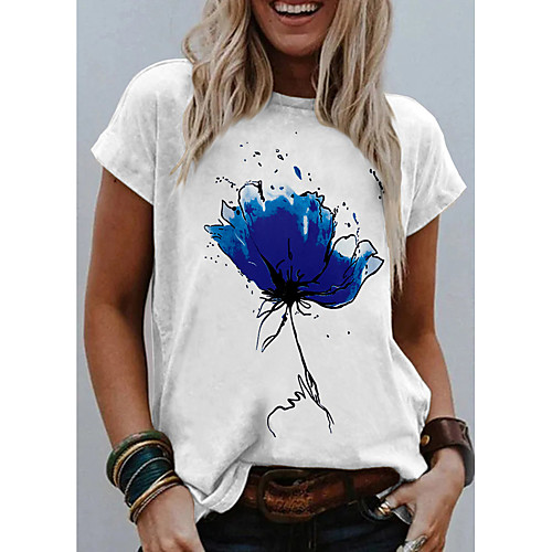 

Women's T shirt Graphic Flower Print Round Neck Tops Basic Basic Top White Blue Red