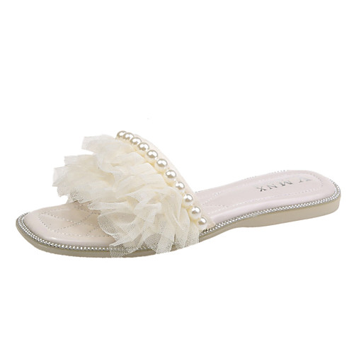 

Women's Sandals Flat Heel Open Toe Flat Sandals Sweet Daily Walking Shoes Lace Pearl Lace Black Beige