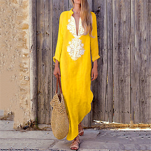 

Women's Swing Dress Maxi long Dress Blue Purple Yellow Light gray Dark Gray Light Blue Long Sleeve Color Block Print Summer V Neck Casual Boho 2021 S M L XL XXL