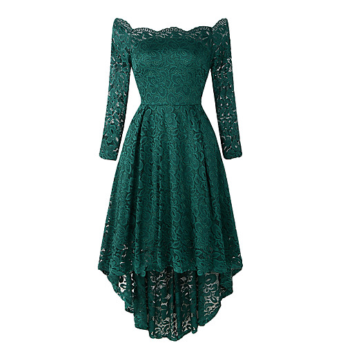 

A-Line Elegant Vintage Party Wear Cocktail Party Dress Off Shoulder 3/4 Length Sleeve Asymmetrical Lace with Pleats 2021
