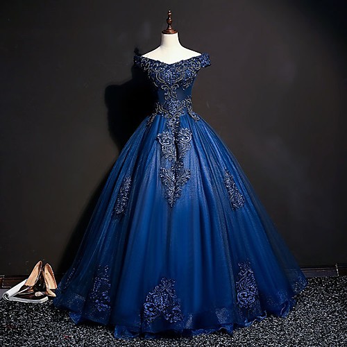 

Ball Gown Luxurious Floral Quinceanera Formal Evening Dress Off Shoulder Sleeveless Floor Length Tulle with Pleats Beading Appliques 2021