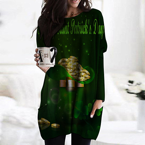 

Women's Shift Dress Short Mini Dress Green Long Sleeve Print Color Block Letter Print Fall Spring Round Neck Casual 2021 S M L XL XXL 3XL
