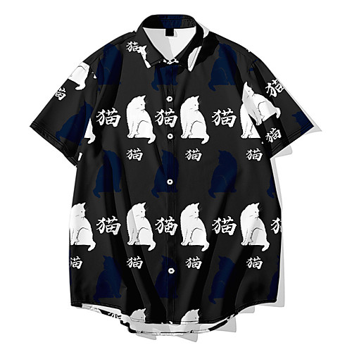 

Men's Shirt 3D Print Cat Animal Button-Down 3D Print Short Sleeve Daily Tops Casual Fashion White Black Blue