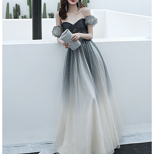 

A-Line Color Block Sparkle Engagement Prom Dress Off Shoulder Short Sleeve Floor Length Tulle with Pleats Beading Sequin 2021