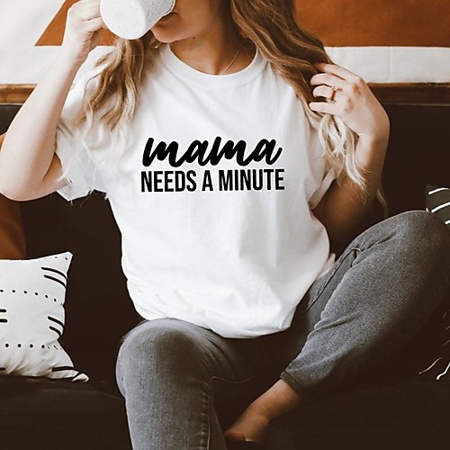 

Women's T shirt Text Letter Print Round Neck Tops 100% Cotton Basic Basic Top White