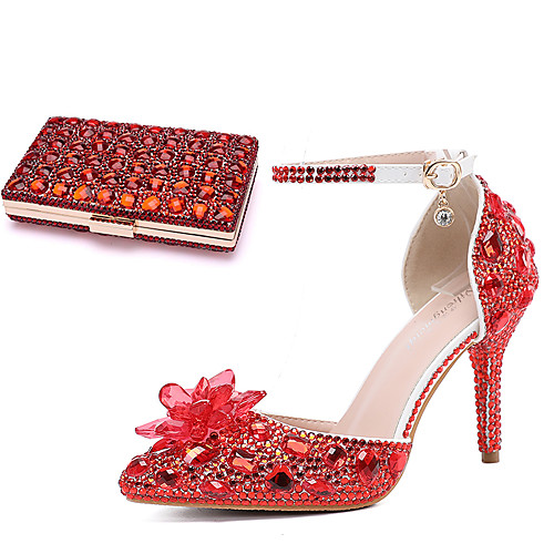 

Women's Wedding Shoes Stiletto Heel Pointed Toe Wedding Pumps Vintage Sexy Minimalism Wedding Party & Evening PU Rhinestone Crystal Sparkling Glitter Solid Colored Color Block Red