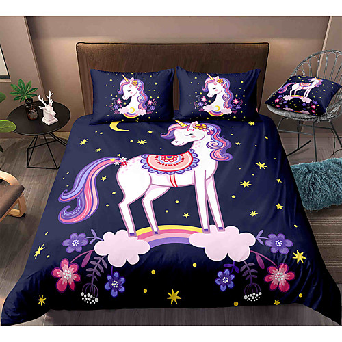 

Cartoon Unicorn 3-Piece Duvet Cover Set Hotel Bedding Sets Comforter Cover with Soft Lightweight Microfiber, Include 1 Duvet Cover, 2 Pillowcases for Double/Queen/King(1 Pillowcase for Twin/Single)