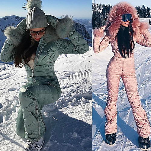 

Womens One Pieces Thick Fur Hooded Ski Suits Jumpsuits Coveralls Winter Warm Outdoor Snowsuits for Snow Sports