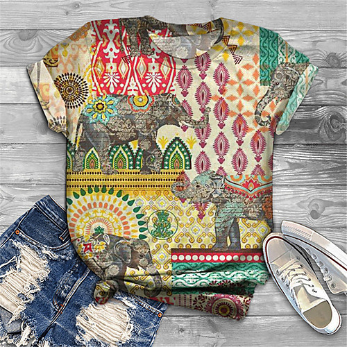 

Women's Plus Size Print Graphic Color Block Tribal T shirt Large Size Round Neck Short Sleeve Tops Big Size