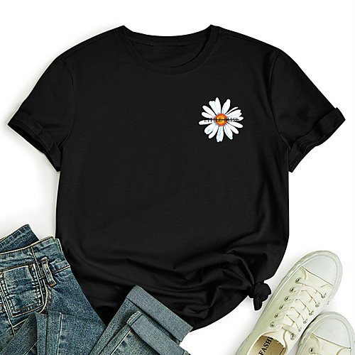 

Women's T shirt Graphic Flower Daisy Print Round Neck Tops 100% Cotton Basic Basic Top White Black Blue