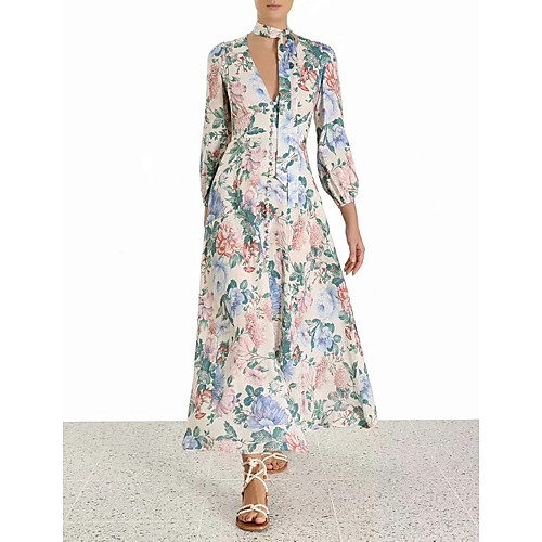 

Sheath / Column Flirty Bohemian Holiday Prom Dress V Neck Long Sleeve Ankle Length Cotton with Pattern / Print 2021