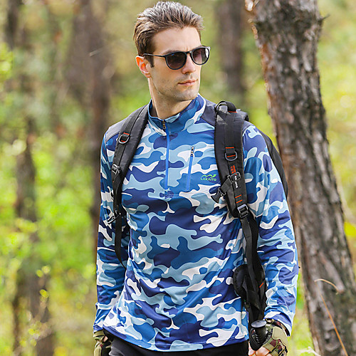 

Men's T shirt Hiking Tee shirt Long Sleeve Stand Collar Tee Tshirt Top Outdoor Lightweight Breathable Quick Dry Soft Autumn / Fall Spring Polyester Camo Army Green Blue Royal Blue Fishing Climbing