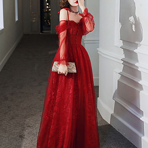 

A-Line Empire Elegant Engagement Prom Dress Off Shoulder Long Sleeve Floor Length Tulle with Buttons 2021