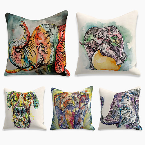 

5 pcs Linen Pillow Cover, Animal Simple Casual Square Polyester Traditional Classic