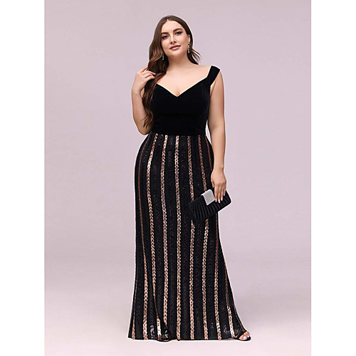 

Mermaid / Trumpet Sparkle bodycon Party Wear Formal Evening Dress V Neck Short Sleeve Floor Length Sequined with Sequin 2021